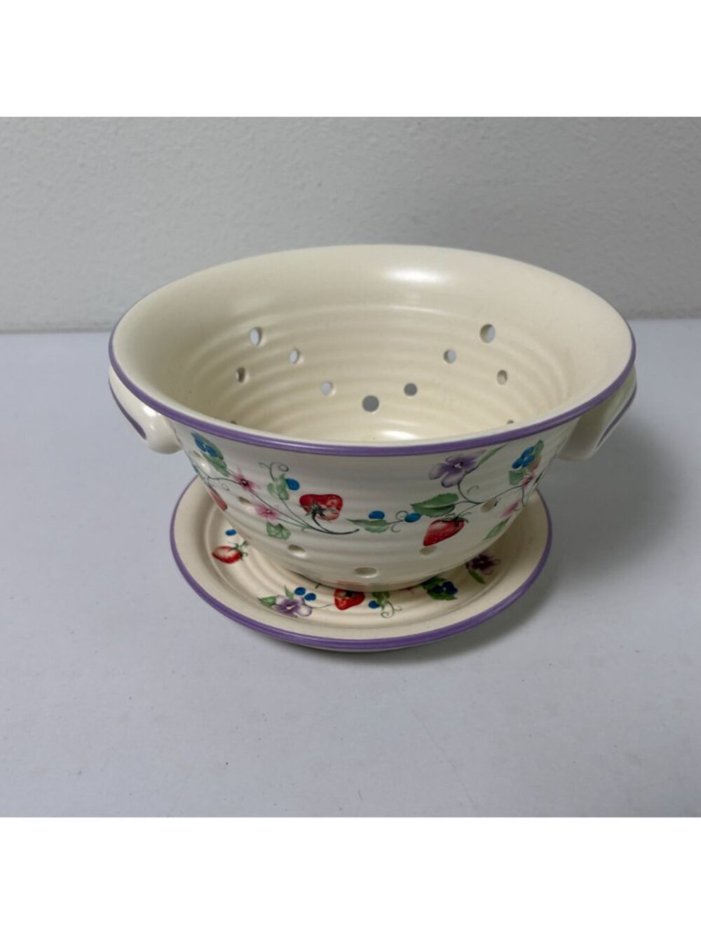 Strawberry Blueberry Fruit Flower Ceramic Colander with Tray Cottage Farmhouse - Picture 2 of 9
